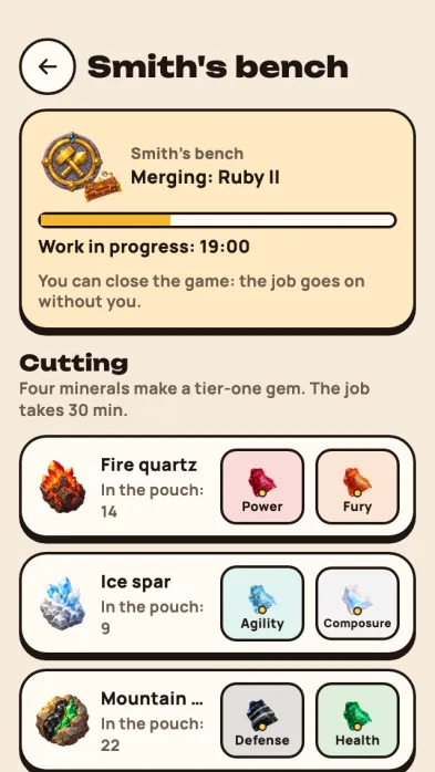 Game screenshot: The smith's bench: a job in progress with the time left; below, minerals to cut and gems to merge