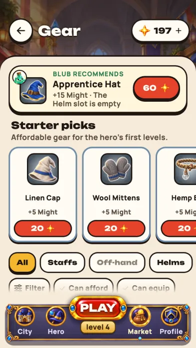 Game screenshot: The Gear stall: a “For a start” selection, filters by item kind and the Wanderer set with prices in sparks