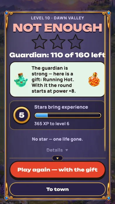 Game screenshot: The screen after losing to a guardian: Blub's gift — the Running Hot booster, which starts the round at high power