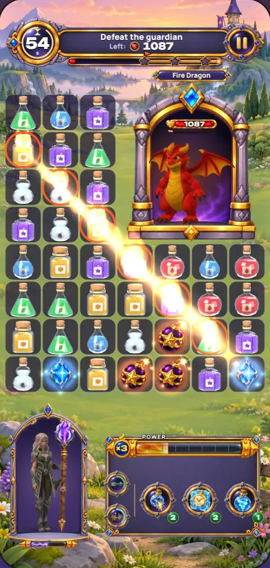 Game screenshot: A guardian fight: the guardian in a stone portal above the board of potions, its health bar at the top