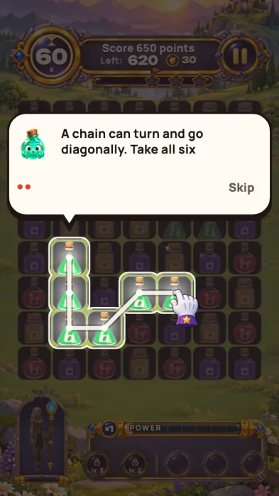 Game screenshot: A lesson on level one: Blub's hint and a hand drawing a chain of six potions