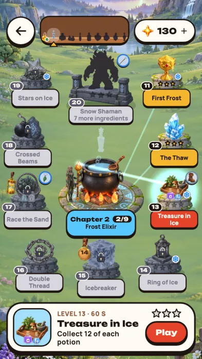 Game screenshot: The chapter map: a cauldron in the middle, nine levels and a guardian around it