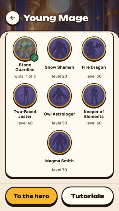 Game screenshot: The hero page further down: records, arena wins and medals for defeated guardians