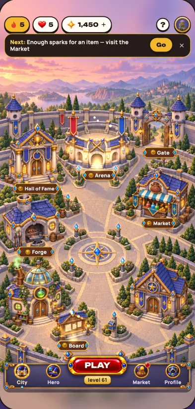 Game screenshot: The town screen: a painted square with buildings, the forge still locked, the Play button below