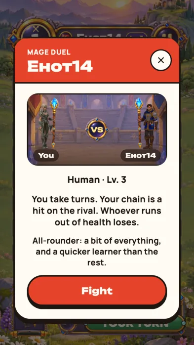 Game screenshot: The pre-duel window: the hero versus a rival; below, the rival's race and level and the Fight button